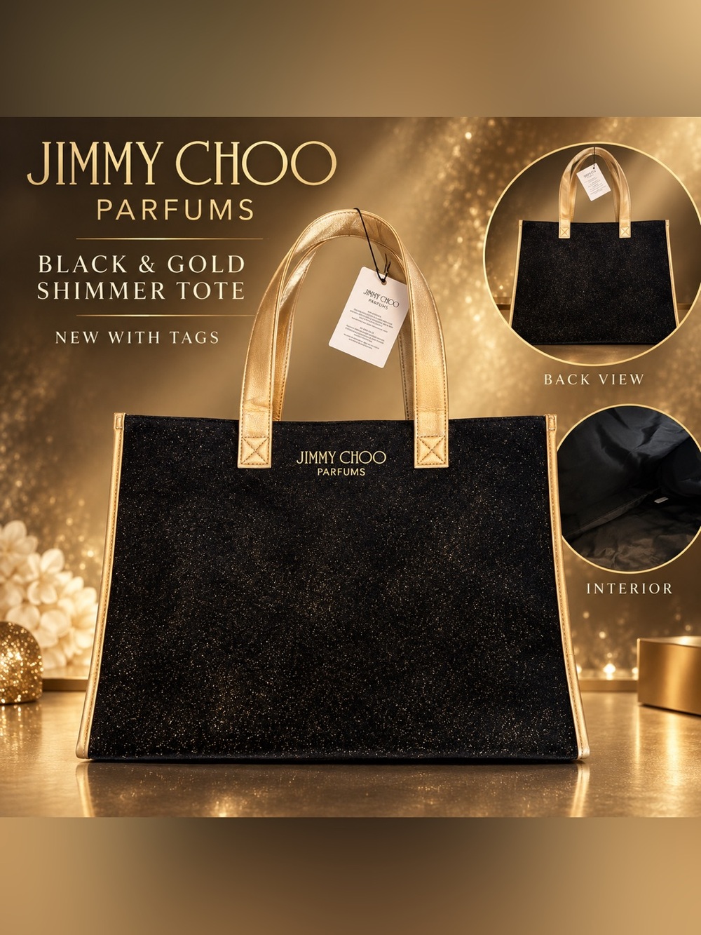 NWT Jimmy Choo Parfums Black & Gold Shimmer Large Tote Bag GWP
